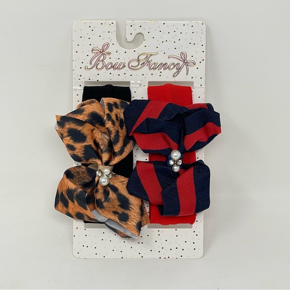 NWT! 2 Headband Set! Leopard print & Striped Pearl & CZ Diamond Bow Headbands - Picture 2 of 7
